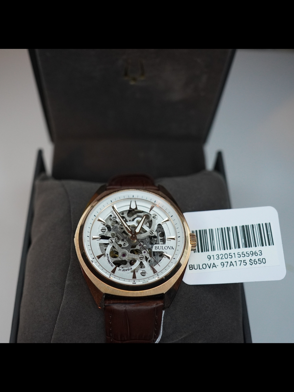 Bulova Surveyor Leather Strap Silver Skeleton Dial Automatic 97A175 Men's Watch